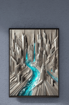 Neon Flow: A Futuristic River Through Concrete Giants
